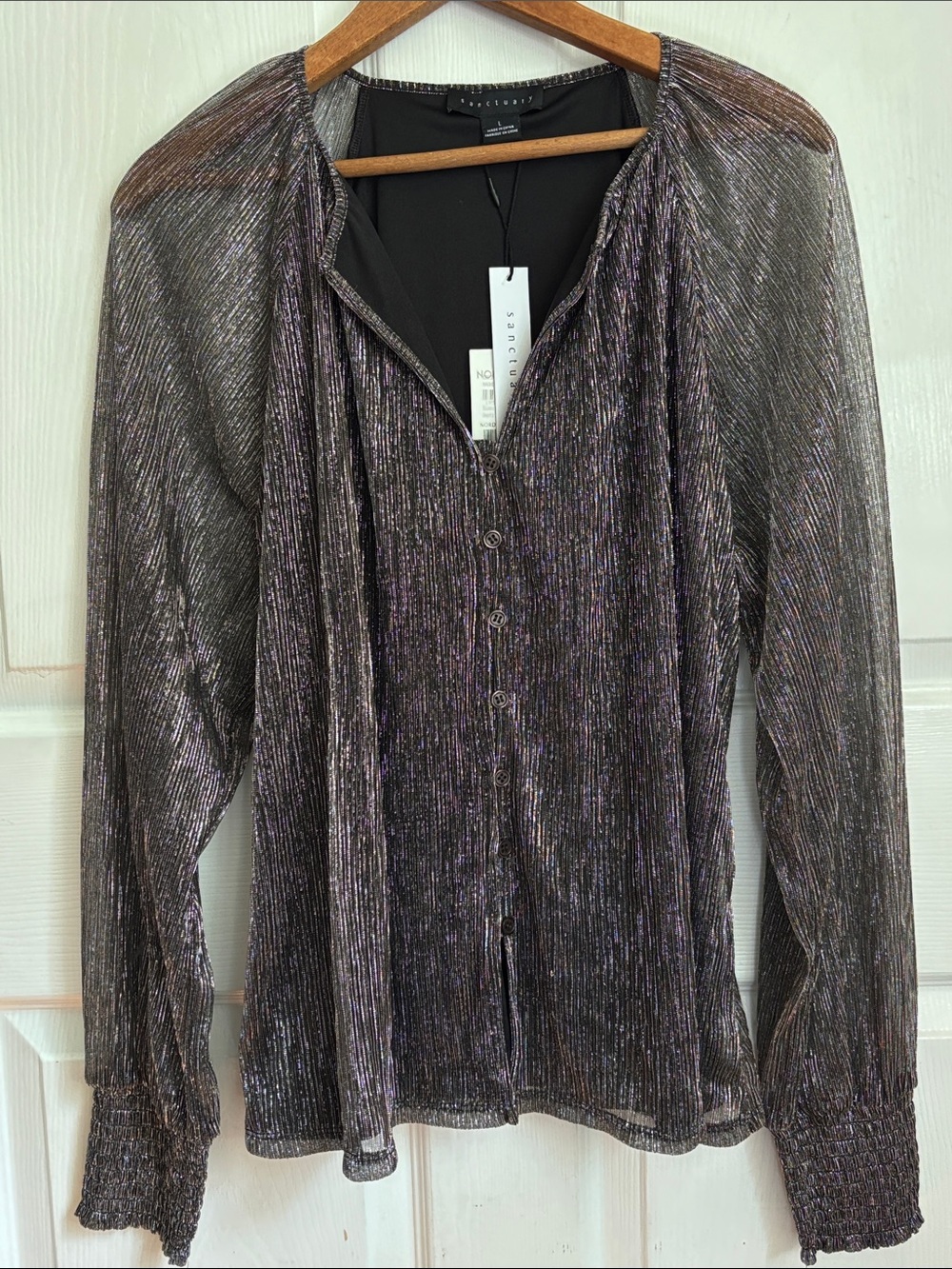 New Sanctuary Black and Silver Metallic V neck peasant blouse elastic cuffs sz L